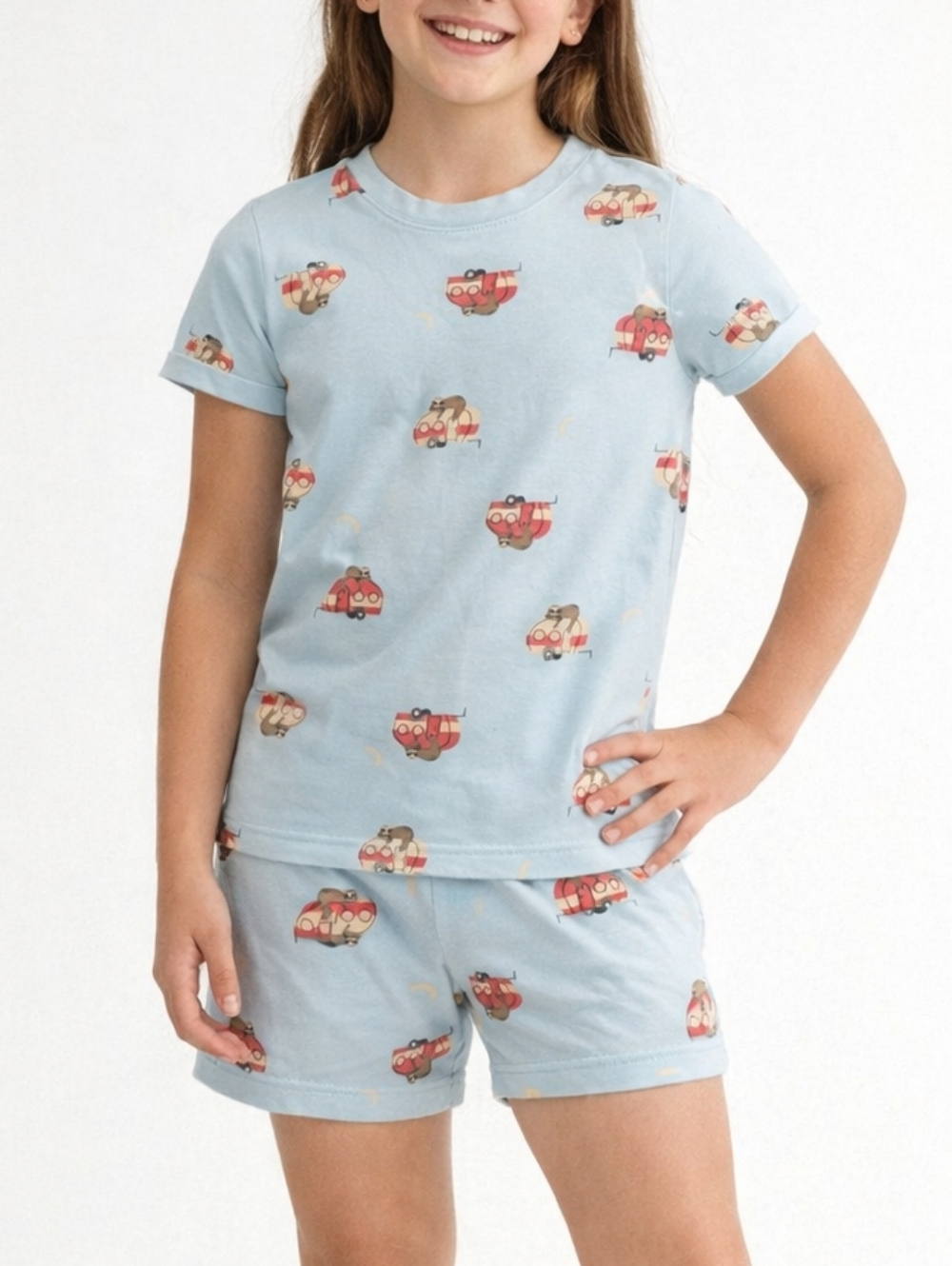 Pekkle Kids Pajama Set Size 10/12 Blue Sloth Print Short Sleeve & Shorts